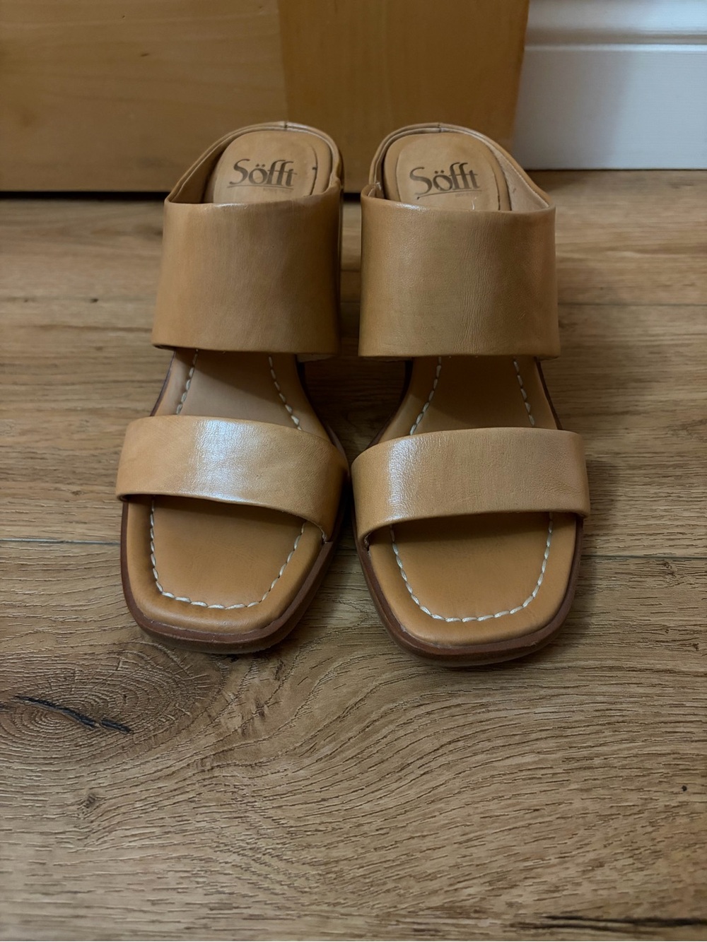 Söfft Tan Leather Double-Band Slide Sandals